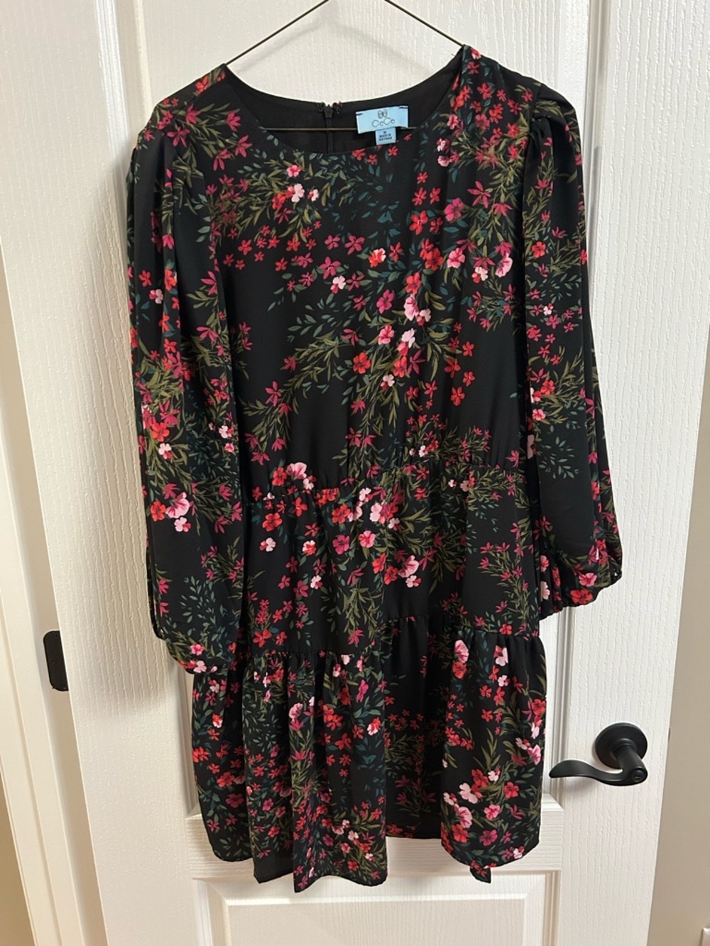 CeCe Black Floral Shift Dress with Pink and Red Blooms